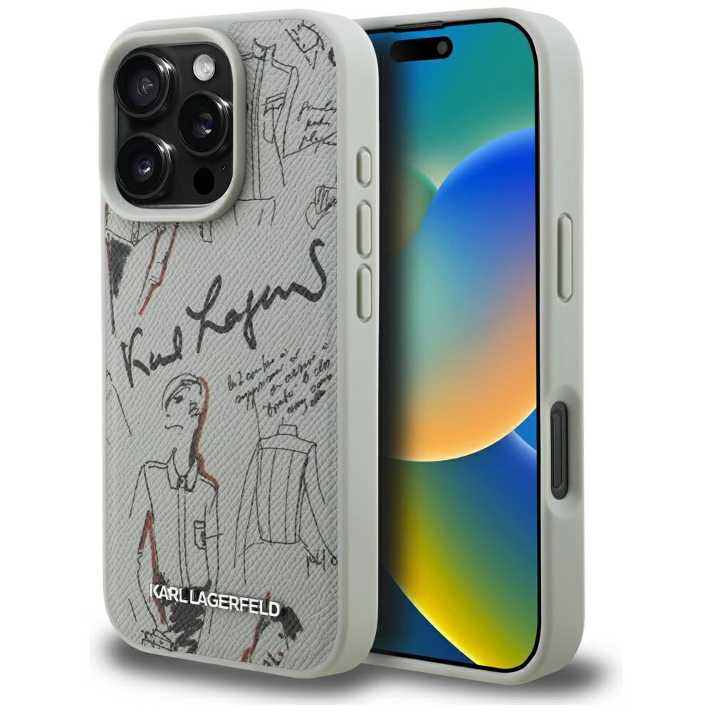Karl Lagerfeld grūdėtas raštas ir logotipas MagSafe Dėklas, skirtas iPhone 16 Pro – pilkas