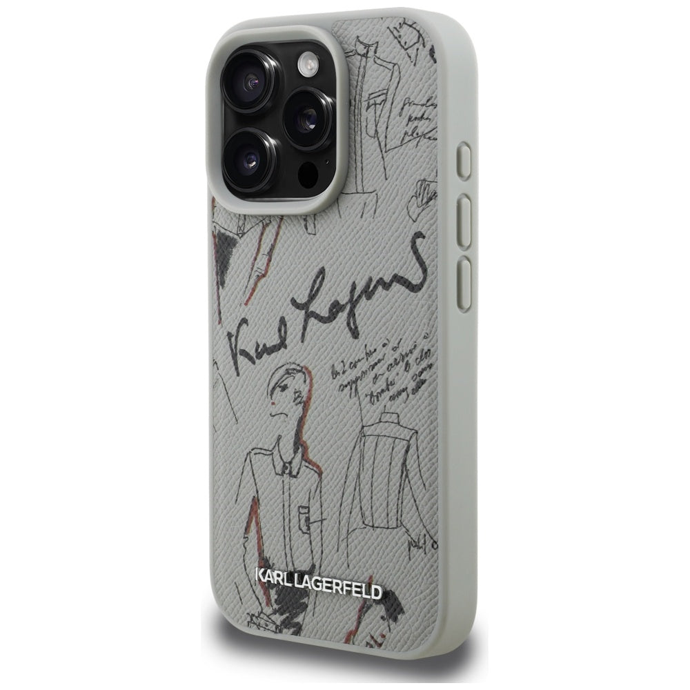 Karl Lagerfeld grūdėtas raštas ir logotipas MagSafe Dėklas, skirtas iPhone 16 Pro – pilkas