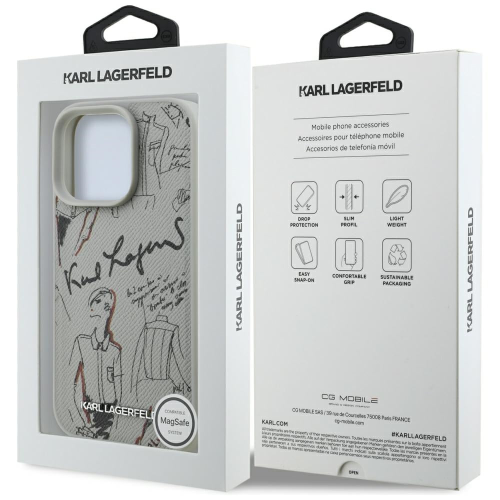 Karl Lagerfeld grūdėtas raštas ir logotipas MagSafe Dėklas, skirtas iPhone 16 Pro – pilkas