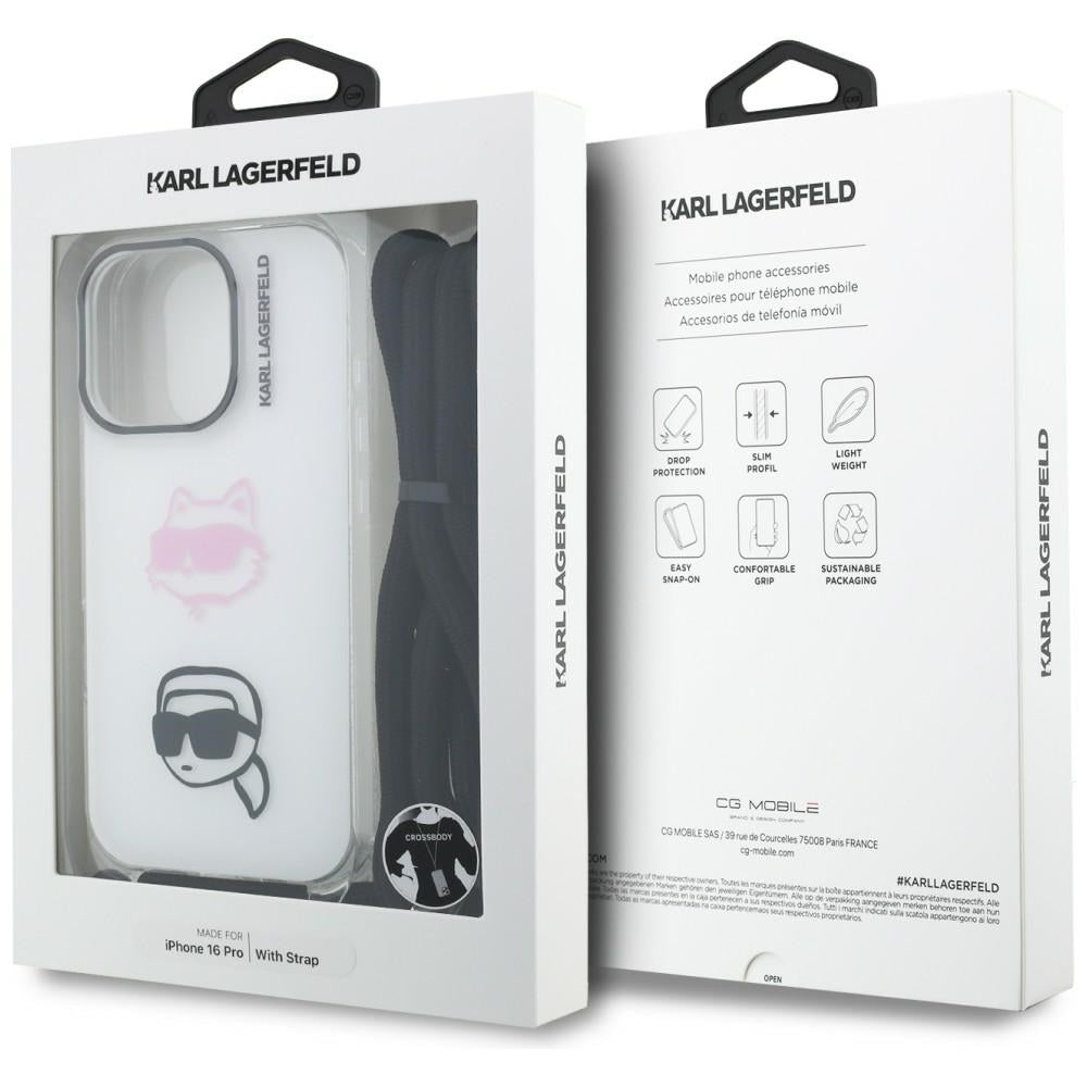 Karl Lagerfeld IML Crossbody Karl&Choupette galvos dėklas, skirtas iPhone 16 Pro – baltas