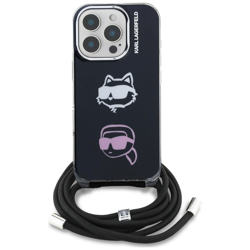 Karl Lagerfeld IML Crossbody Karl&Choupette galvos dėklas, skirtas iPhone 16 Pro Max - juodas