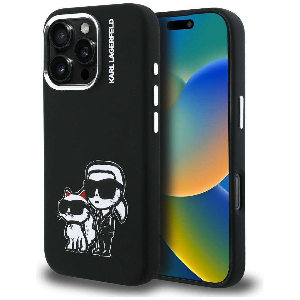 Karl Lagerfeld Silikoninis Karl&Choupette Sketch MagSafe Dėklas, skirtas iPhone 16 Pro Max - juodas