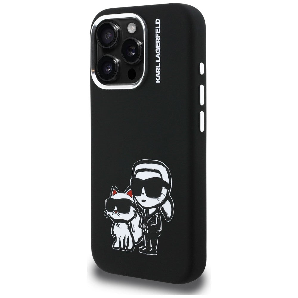 Karl Lagerfeld Silikoninis Karl&Choupette Sketch MagSafe Dėklas, skirtas iPhone 16 Pro Max - juodas