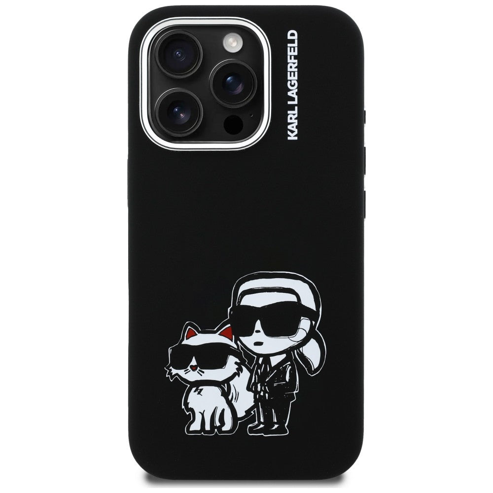 Karl Lagerfeld Silikoninis Karl&Choupette Sketch MagSafe Dėklas, skirtas iPhone 16 Pro Max - juodas
