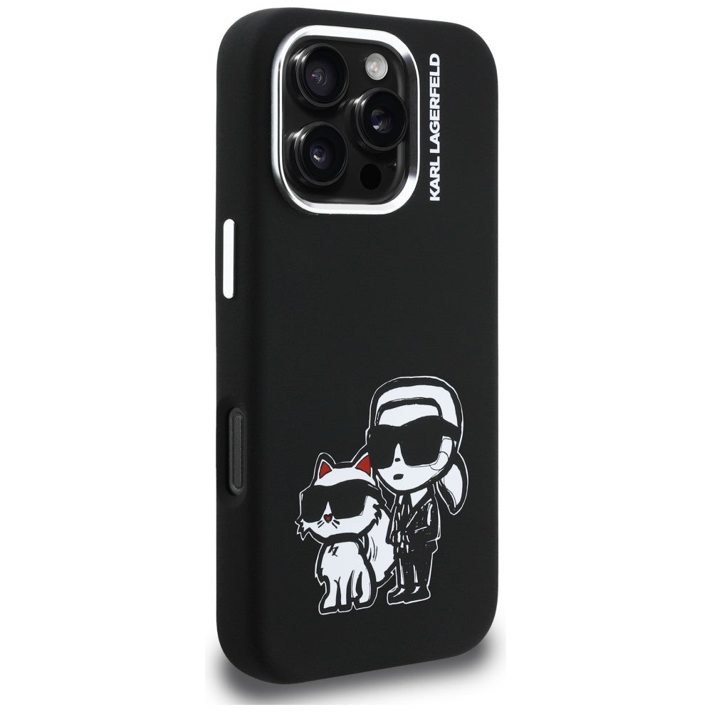 Karl Lagerfeld Silikoninis Karl&Choupette Sketch MagSafe Dėklas, skirtas iPhone 16 Pro Max - juodas