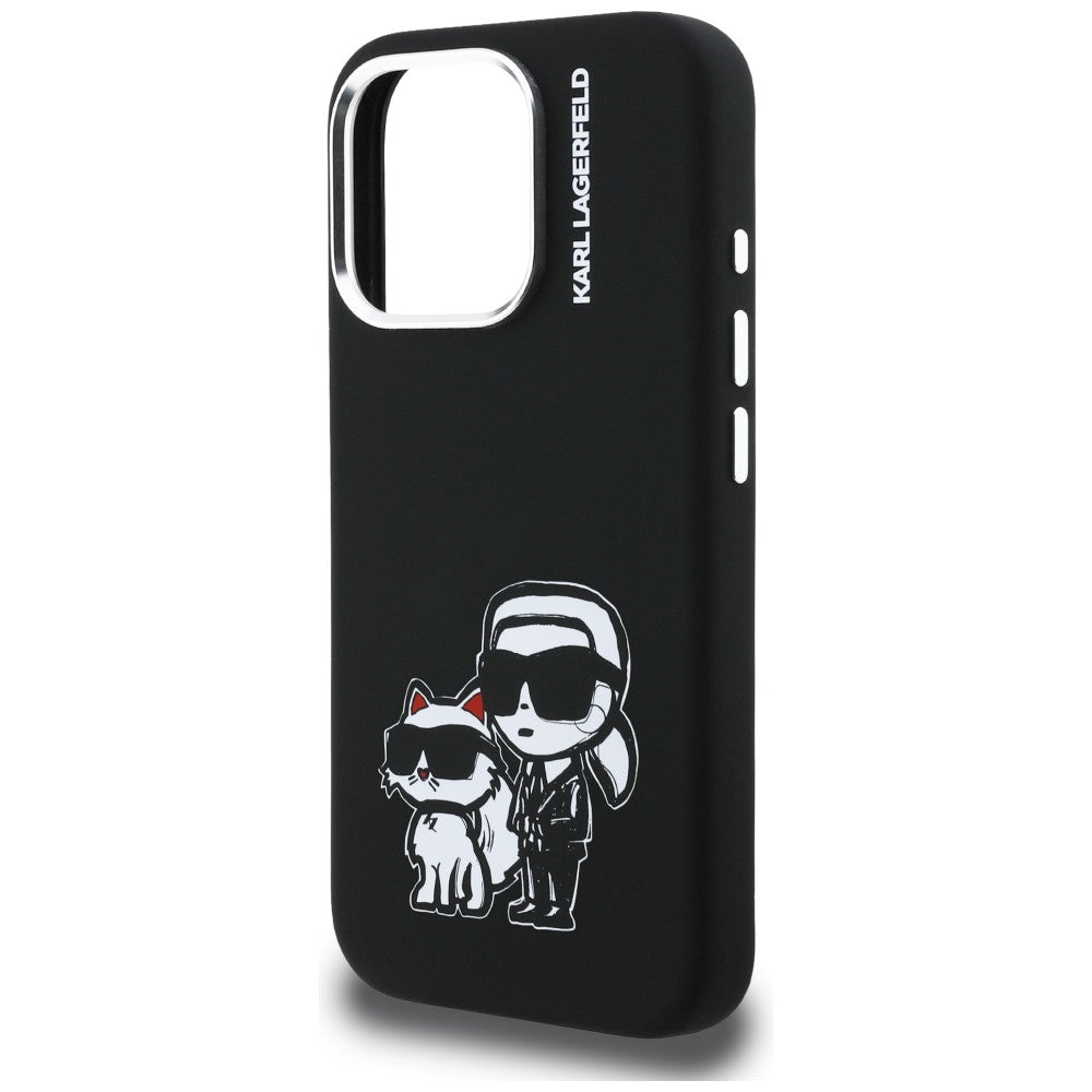 Karl Lagerfeld Silikoninis Karl&Choupette Sketch MagSafe Dėklas, skirtas iPhone 16 Pro Max - juodas
