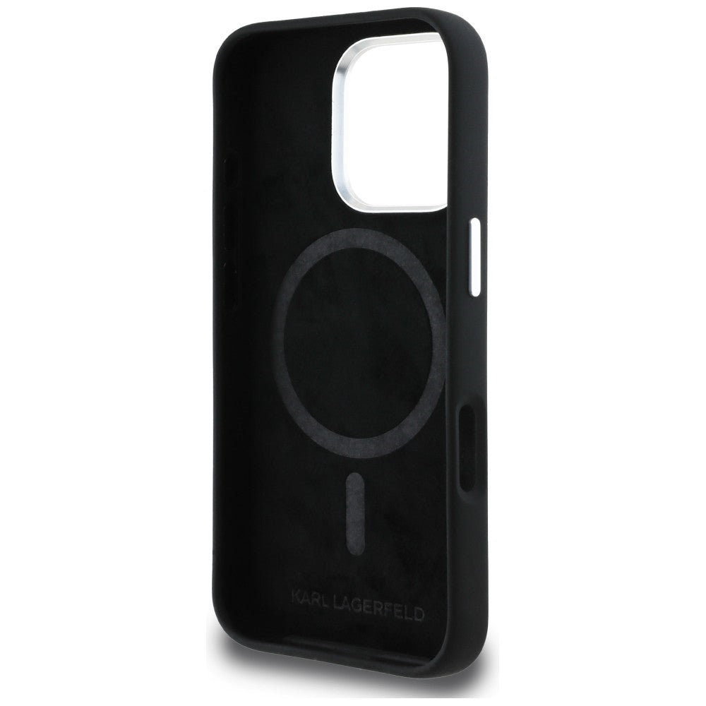 Karl Lagerfeld Silikoninis Karl&Choupette Sketch MagSafe Dėklas, skirtas iPhone 16 Pro Max - juodas