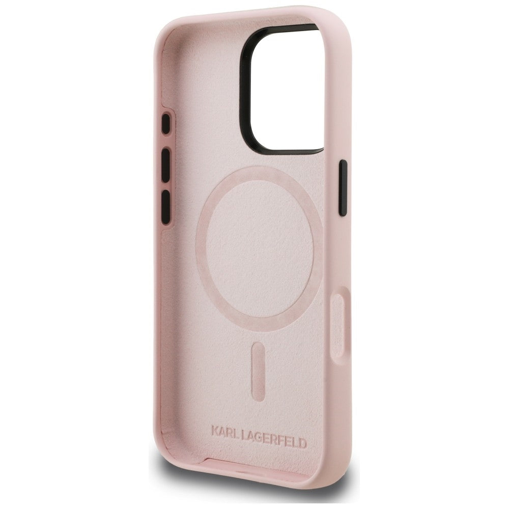 Karl Lagerfeld Silikoninis Karl Sketch MagSafe Dėklas, skirtas iPhone 16 Pro Max – rožinis