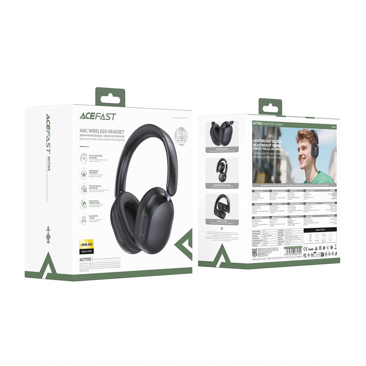 Acefast H12 belaidės virš ausies Bluetooth 5.4 ausinės su ANC - juodos -- Headphones