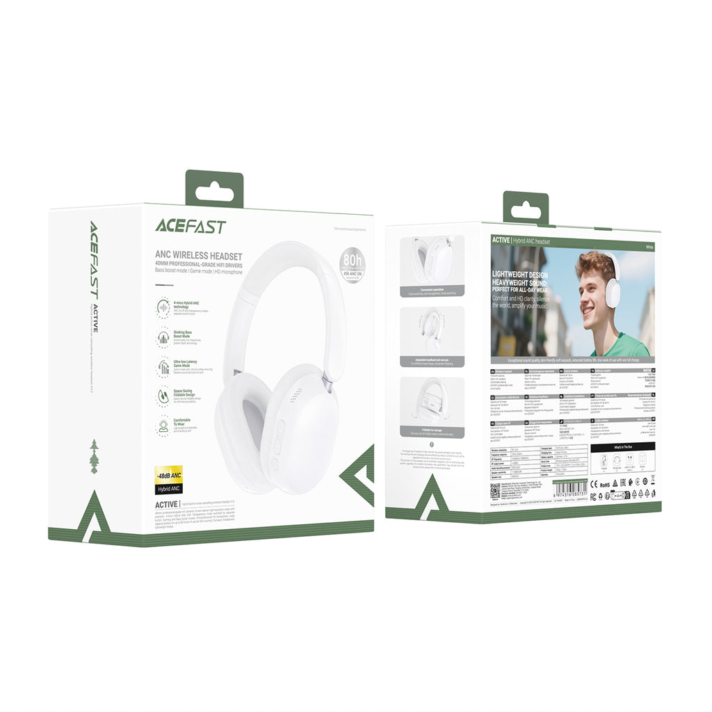 Acefast H12 belaidės virš ausies Bluetooth 5.4 ausinės su ANC - baltos -- Headphones