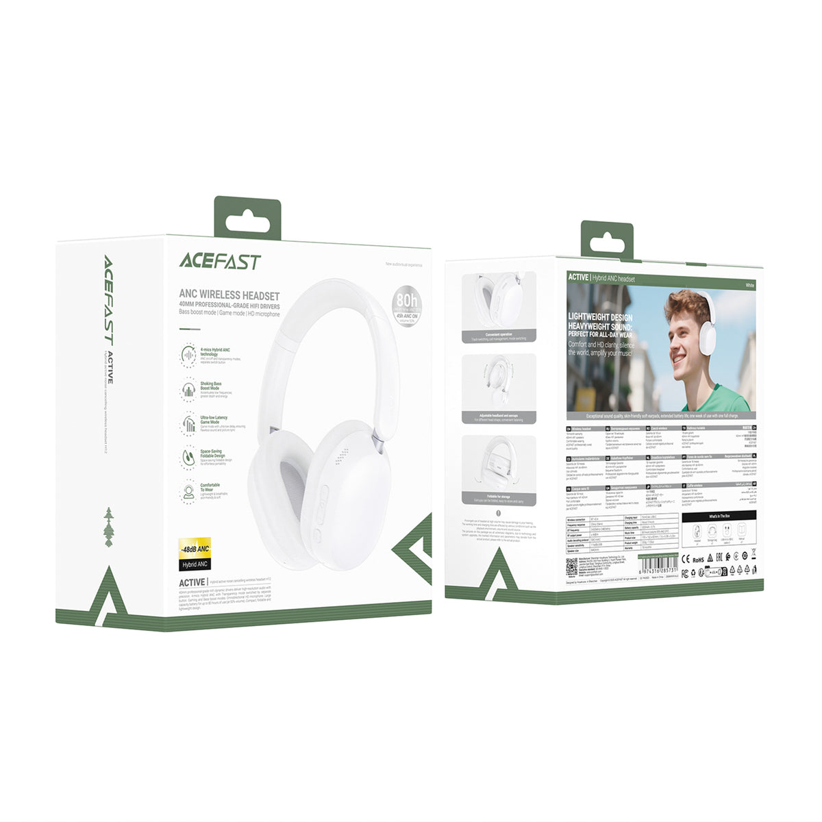 Acefast H12 belaidės virš ausies Bluetooth 5.4 ausinės su ANC - baltos -- Headphones