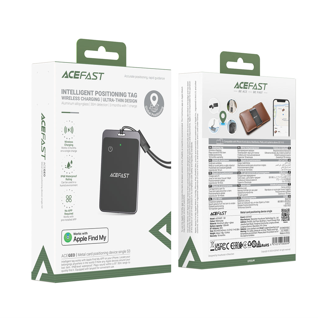 Acefast S3 Bluetooth lokatorius kortelės formos, suderinamas su Apple Find My - pilka spalva -- Other phone accessories