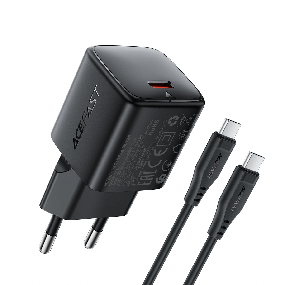 Acefast A118 30W GaN USB-C sienos įkroviklis su USB-C - USB-C kabelu 1.2m - juodas -- Cell phone chargers