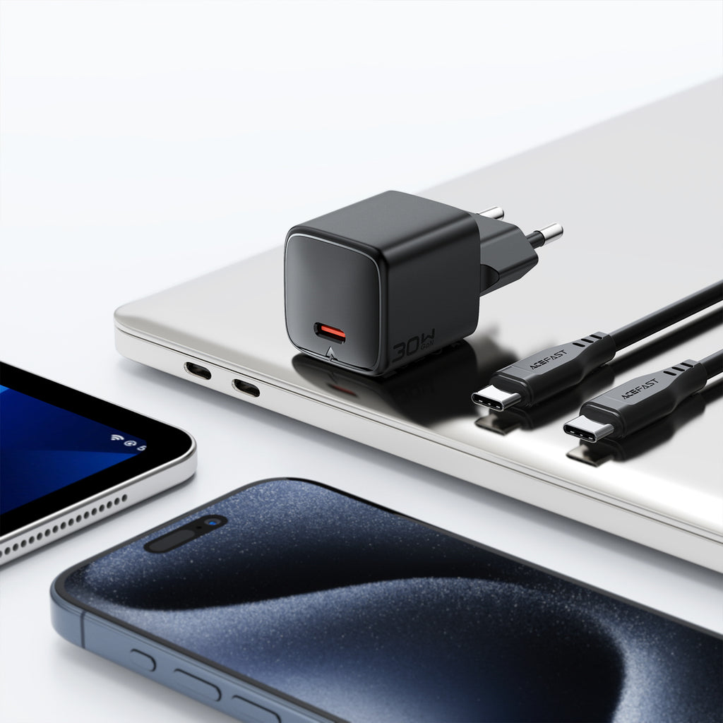 Acefast A118 30W GaN USB-C sienos įkroviklis su USB-C - USB-C kabelu 1.2m - juodas -- Cell phone chargers