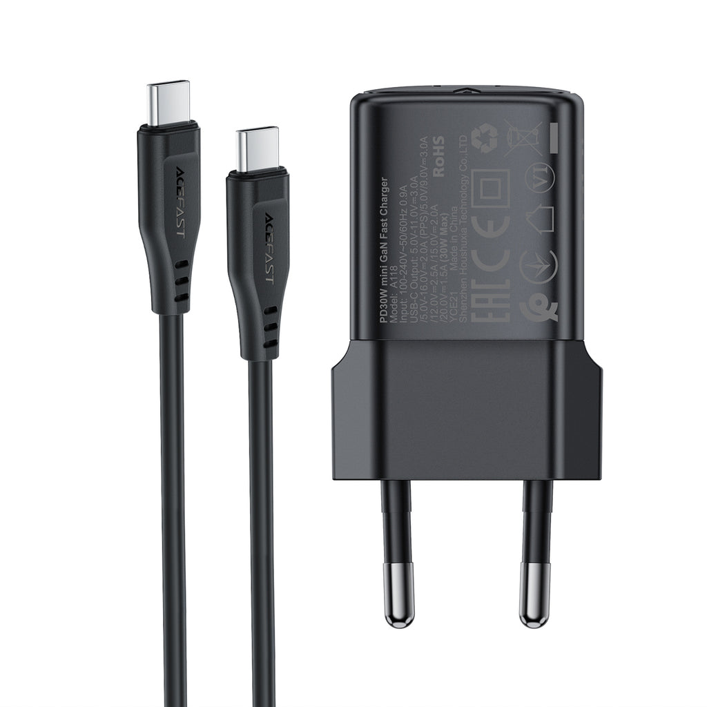 Acefast A118 30W GaN USB-C sienos įkroviklis su USB-C - USB-C kabelu 1.2m - juodas -- Cell phone chargers
