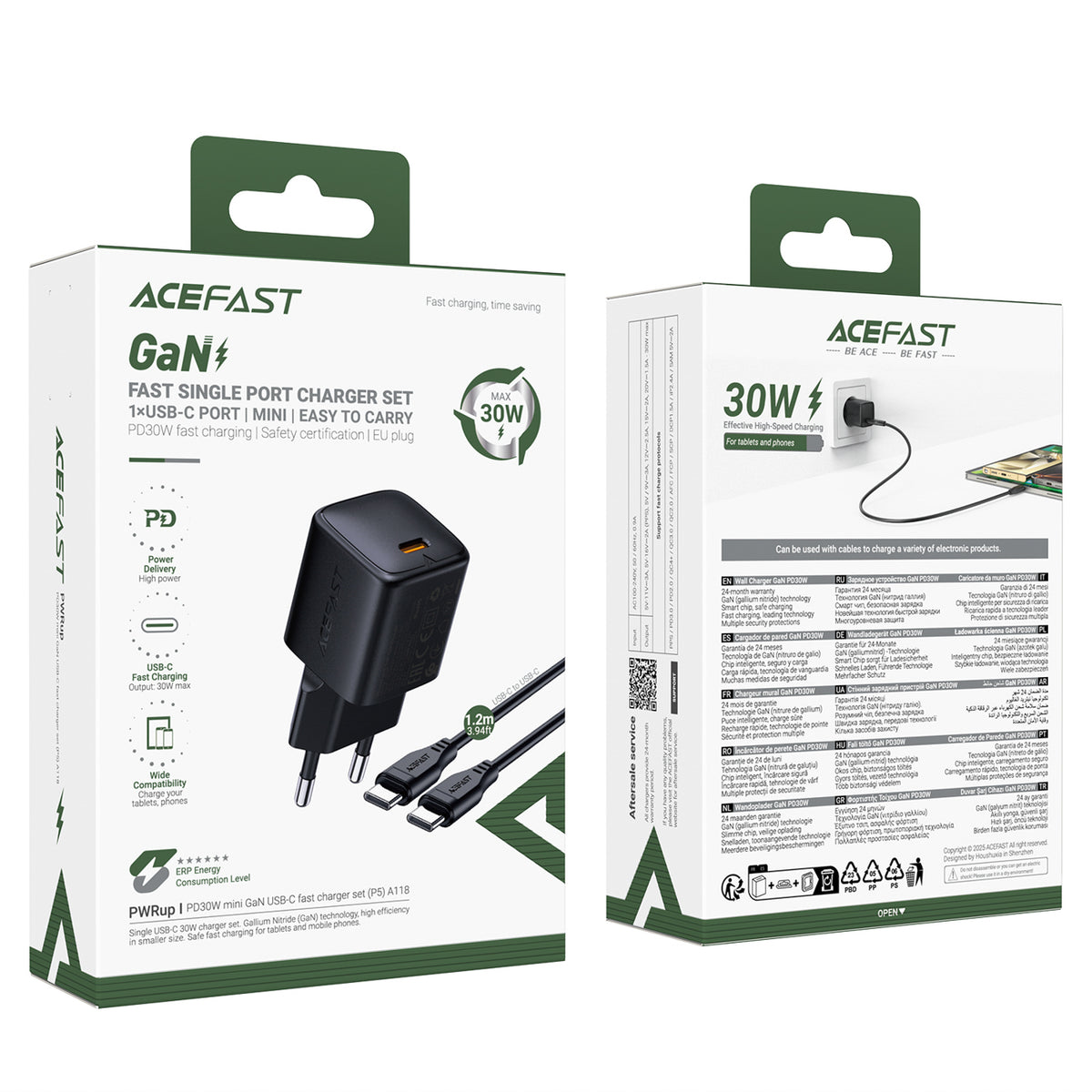 Acefast A118 30W GaN USB-C sienos įkroviklis su USB-C - USB-C kabelu 1.2m - juodas -- Cell phone chargers