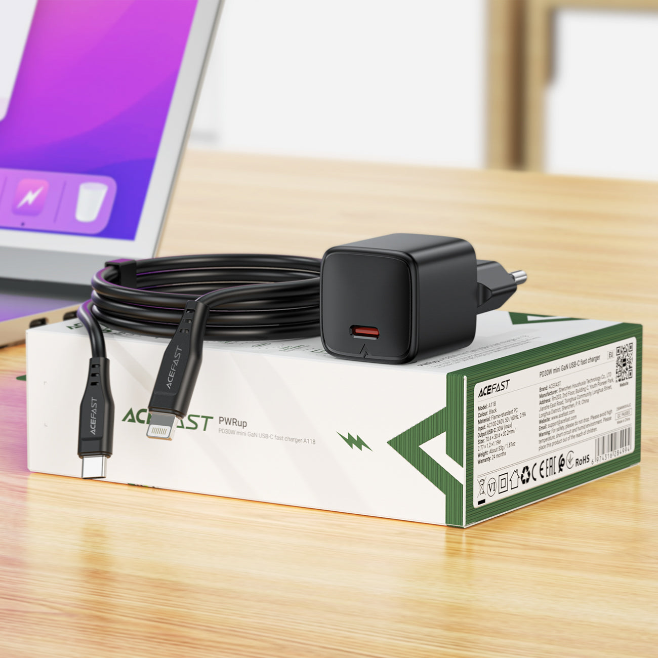 Acefast A118 30W GaN USB-C Sieninis Įkroviklis su 1,2m USB-C į Lightning Kabeliu - Juodas -- Cell phone chargers