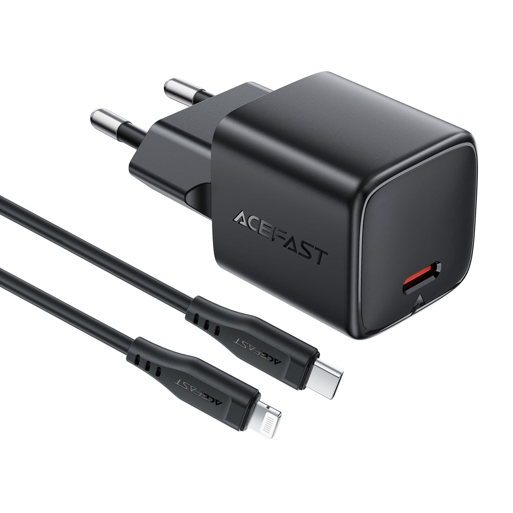 Acefast A118 30W GaN USB-C Sieninis Įkroviklis su 1,2m USB-C į Lightning Kabeliu - Juodas -- Cell phone chargers