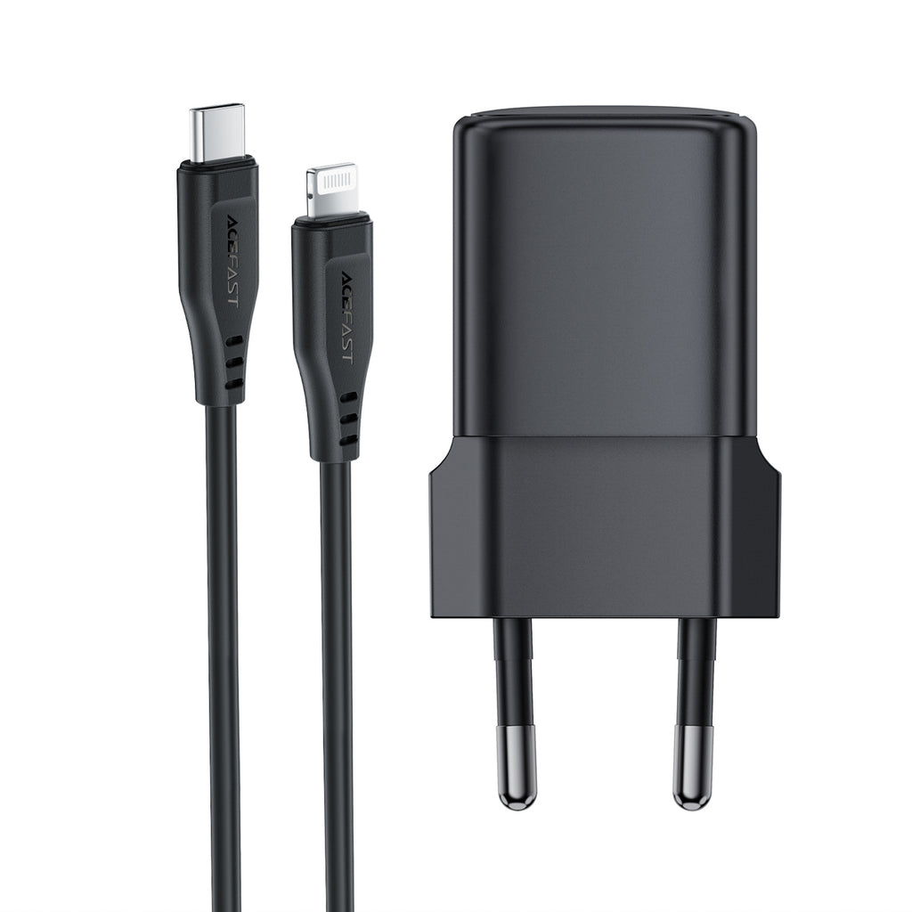 Acefast A118 30W GaN USB-C Sieninis Įkroviklis su 1,2m USB-C į Lightning Kabeliu - Juodas -- Cell phone chargers