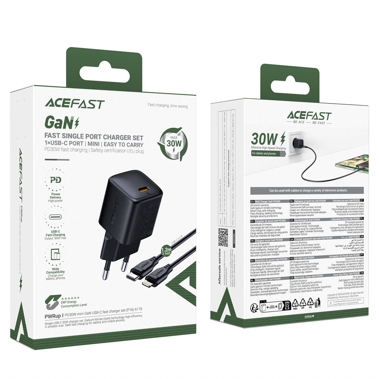 Acefast A118 30W GaN USB-C Sieninis Įkroviklis su 1,2m USB-C į Lightning Kabeliu - Juodas -- Cell phone chargers