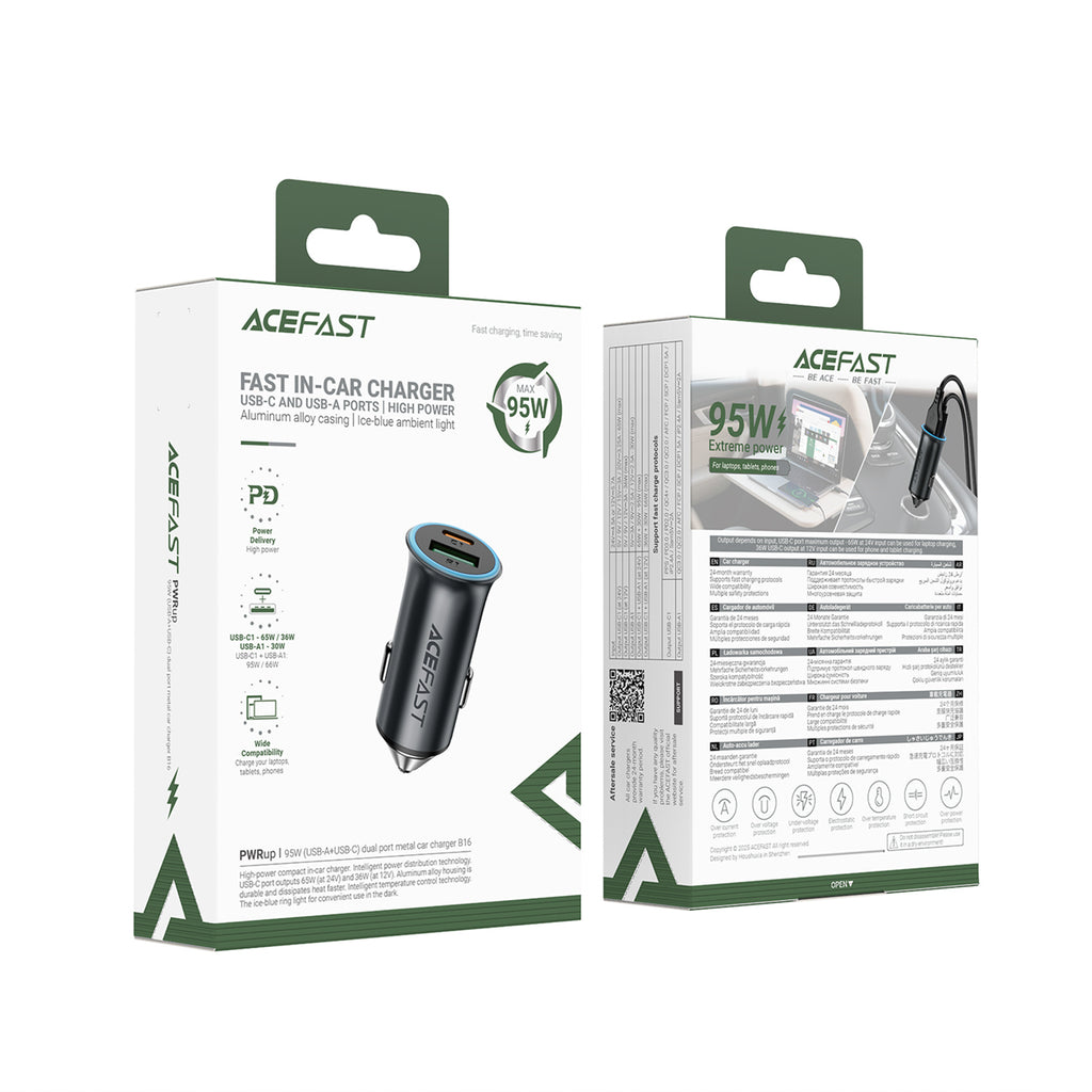 Acefast B16 95W USB-A + USB-C Automobilinis Įkroviklis - Pilkas -- Car chargers