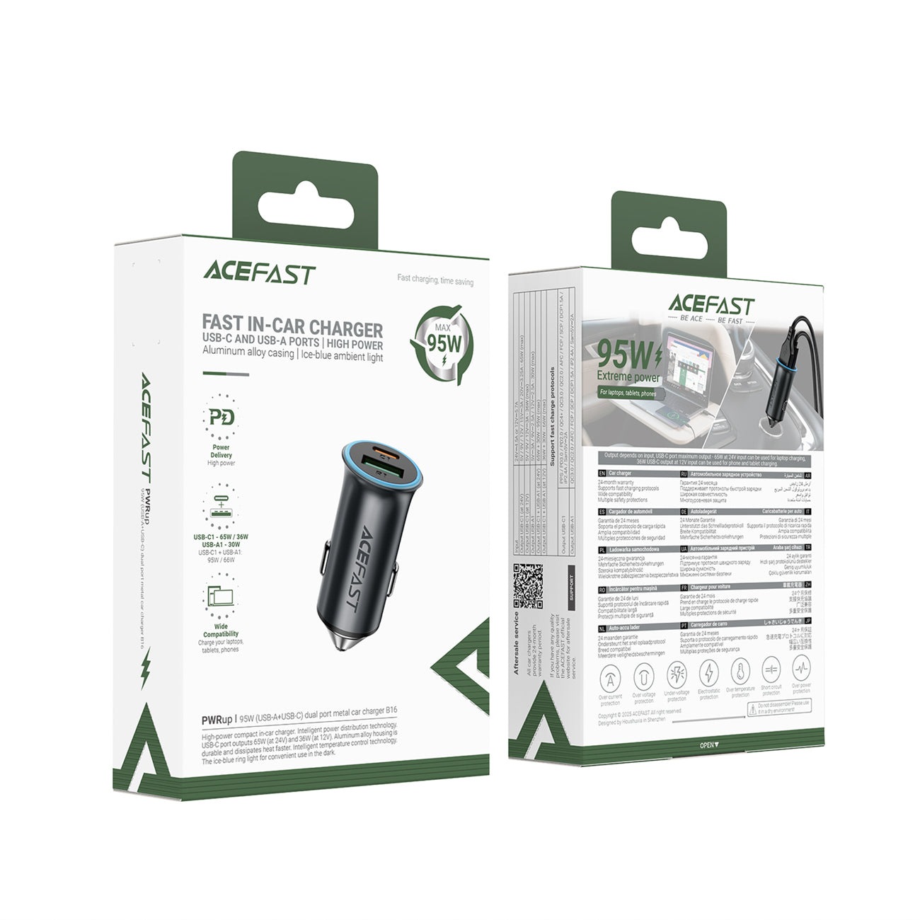 Acefast B16 95W USB-A + USB-C Automobilinis Įkroviklis - Pilkas -- Car chargers