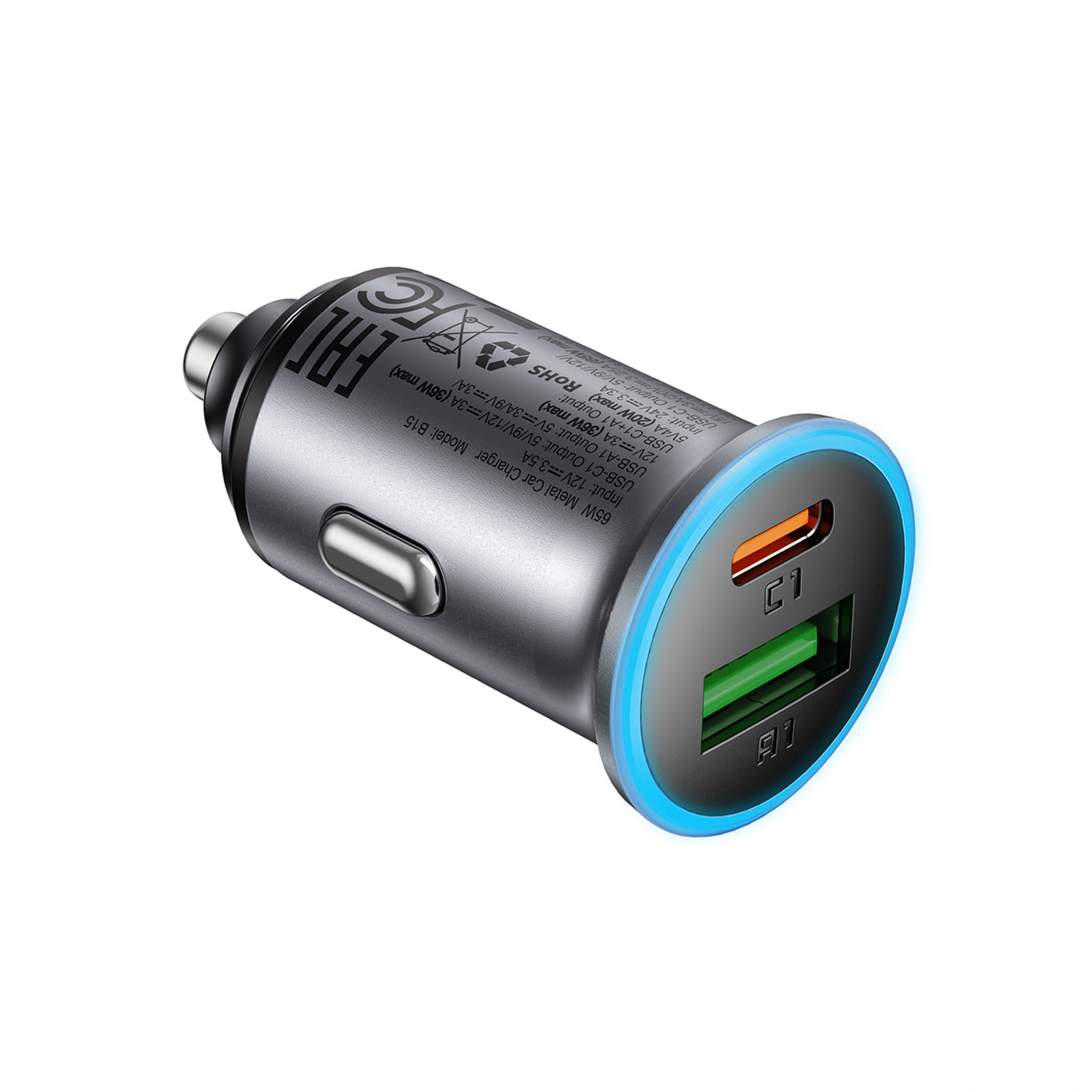 Acefast B15 65W USB-A + USB-C Automobilinis Įkroviklis - Pilkas -- Car chargers