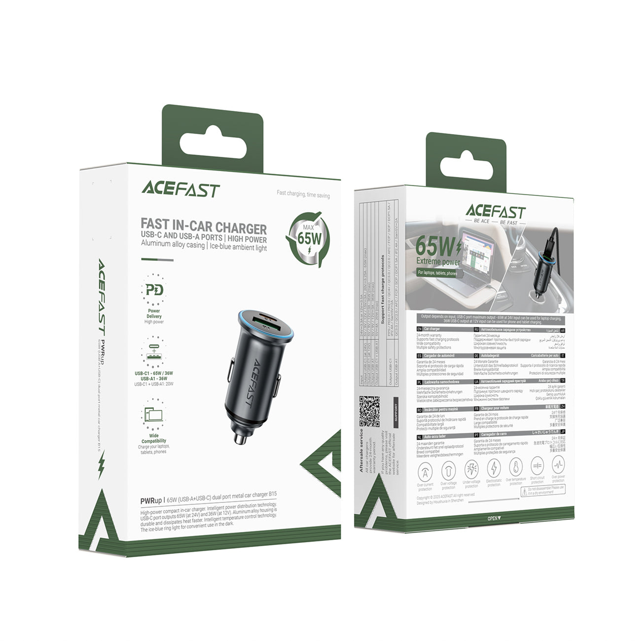 Acefast B15 65W USB-A + USB-C Automobilinis Įkroviklis - Pilkas -- Car chargers