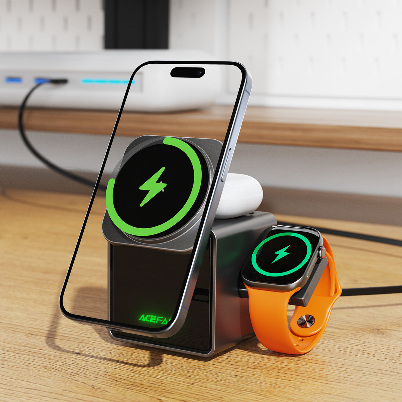 Acefast E34 22.5W 3-in-1 indukcinis įkroviklis su integruotu kabelu išmaniam telefonui ir smartwatch - pilka -- Wireless...