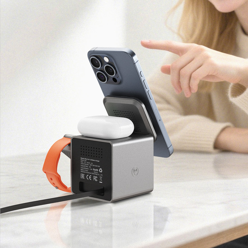 Acefast E34 22.5W 3-in-1 indukcinis įkroviklis su integruotu kabelu išmaniam telefonui ir smartwatch - pilka -- Wireless...