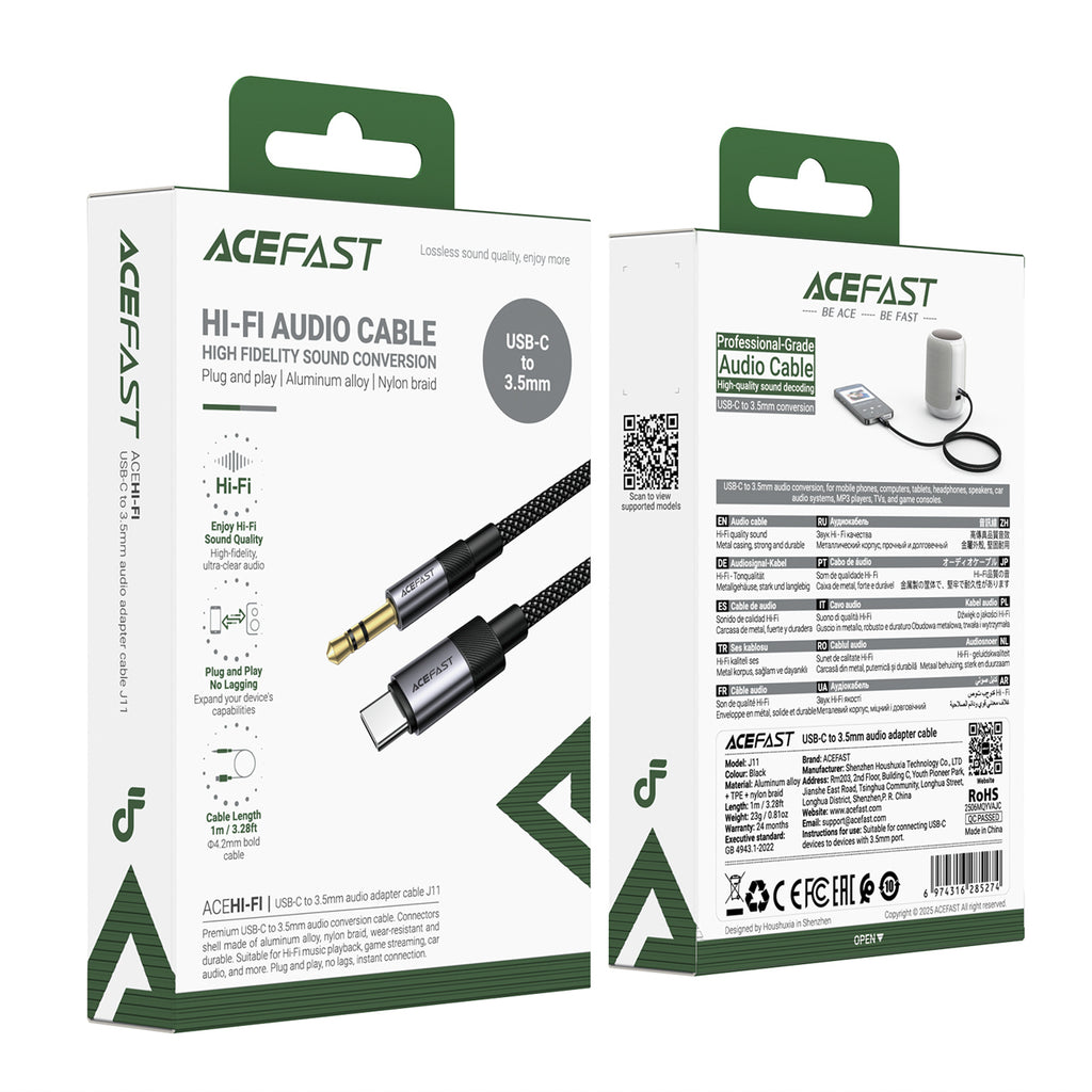 Acefast J11 USB-C į 3.5mm mini lizdą kabelis 1m - juodas -- Audio Adapters