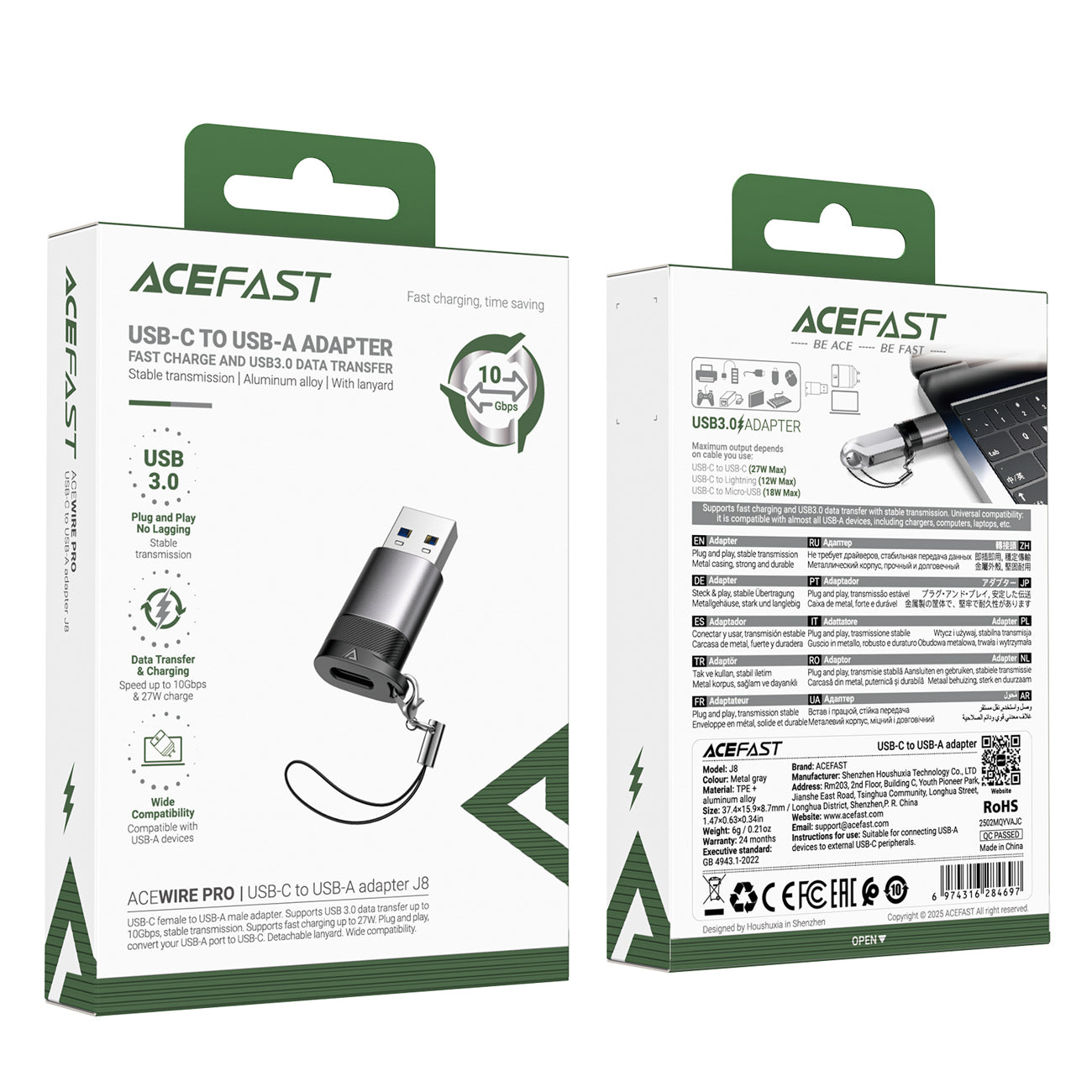 Acefast J8 USB-C - USB-A Adapteris - Pilka -- USB Adapters