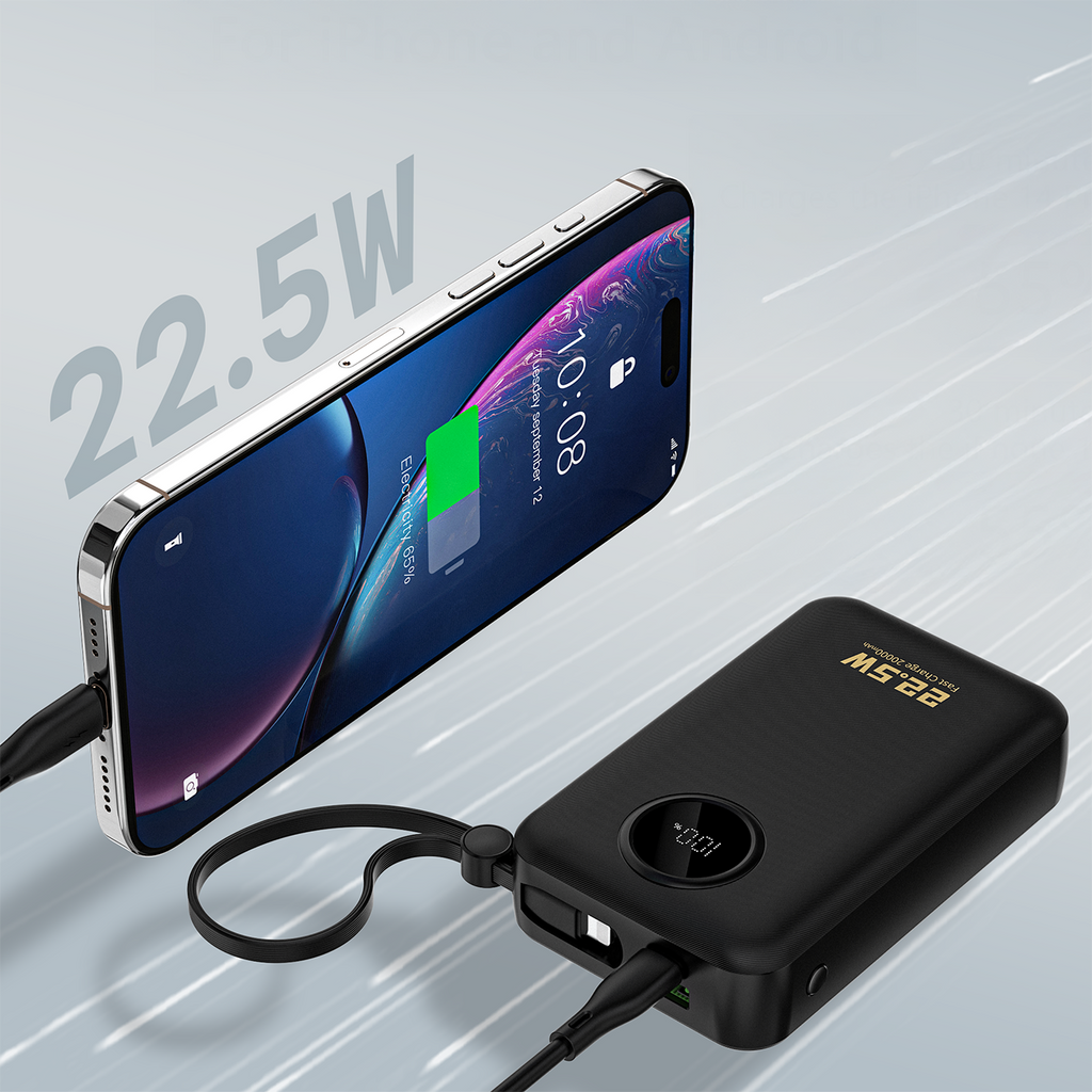 Dudao K14+ išorinė baterija 20000mAh 22.5W USB-C / USB-A / integruoti Lightning ir USB-C laidai - juoda -- Powerbanks