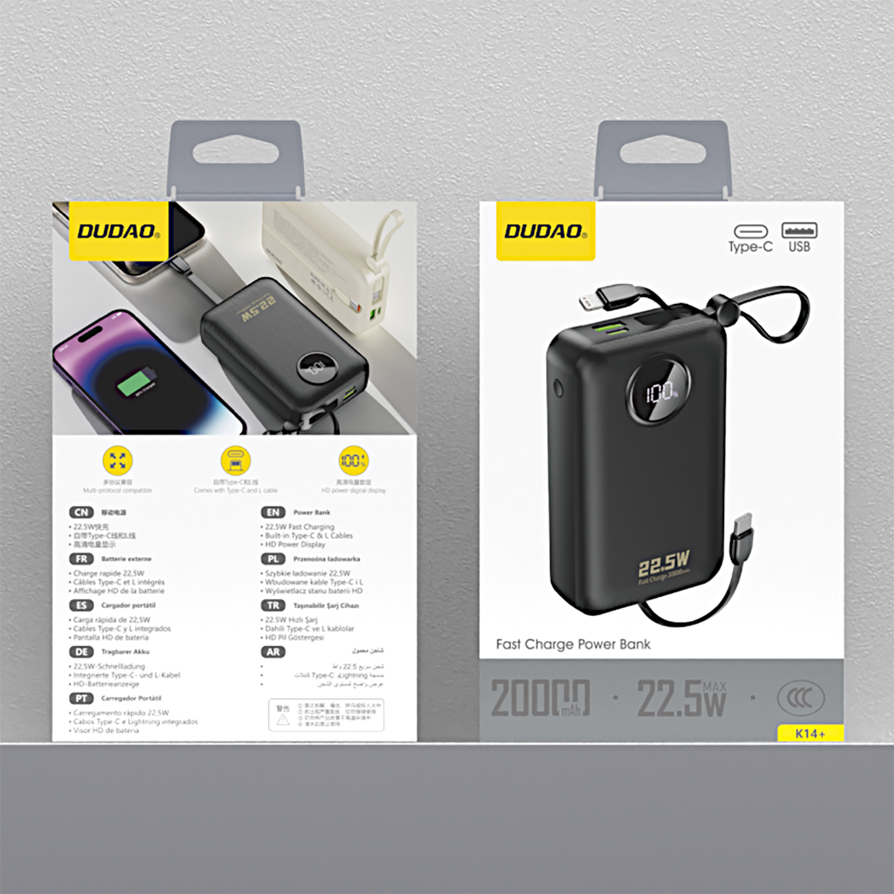 Dudao K14+ išorinė baterija 20000mAh 22.5W USB-C / USB-A / integruoti Lightning ir USB-C laidai - juoda -- Powerbanks