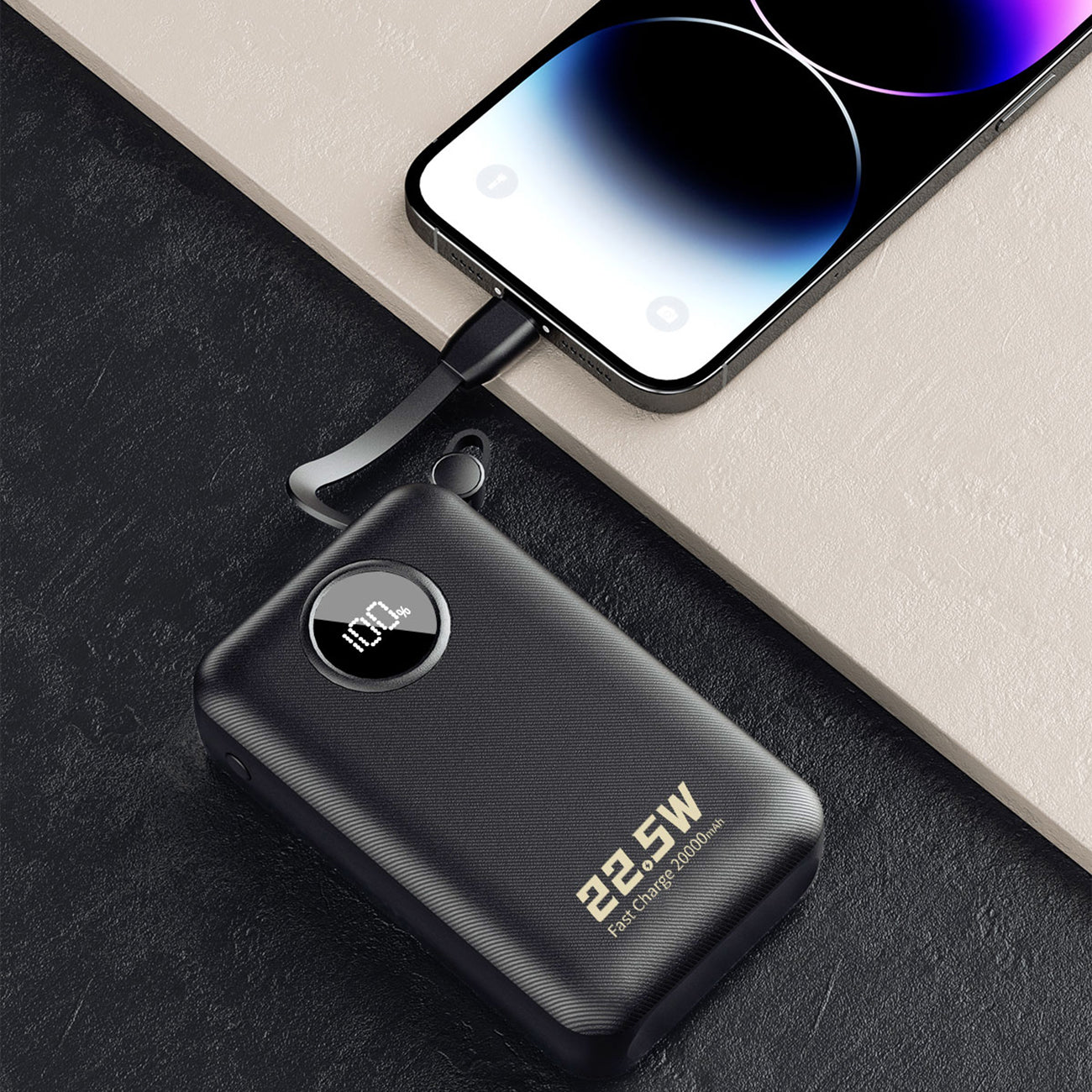 Dudao K14+ išorinė baterija 20000mAh 22.5W USB-C / USB-A / integruoti Lightning ir USB-C laidai - juoda -- Powerbanks
