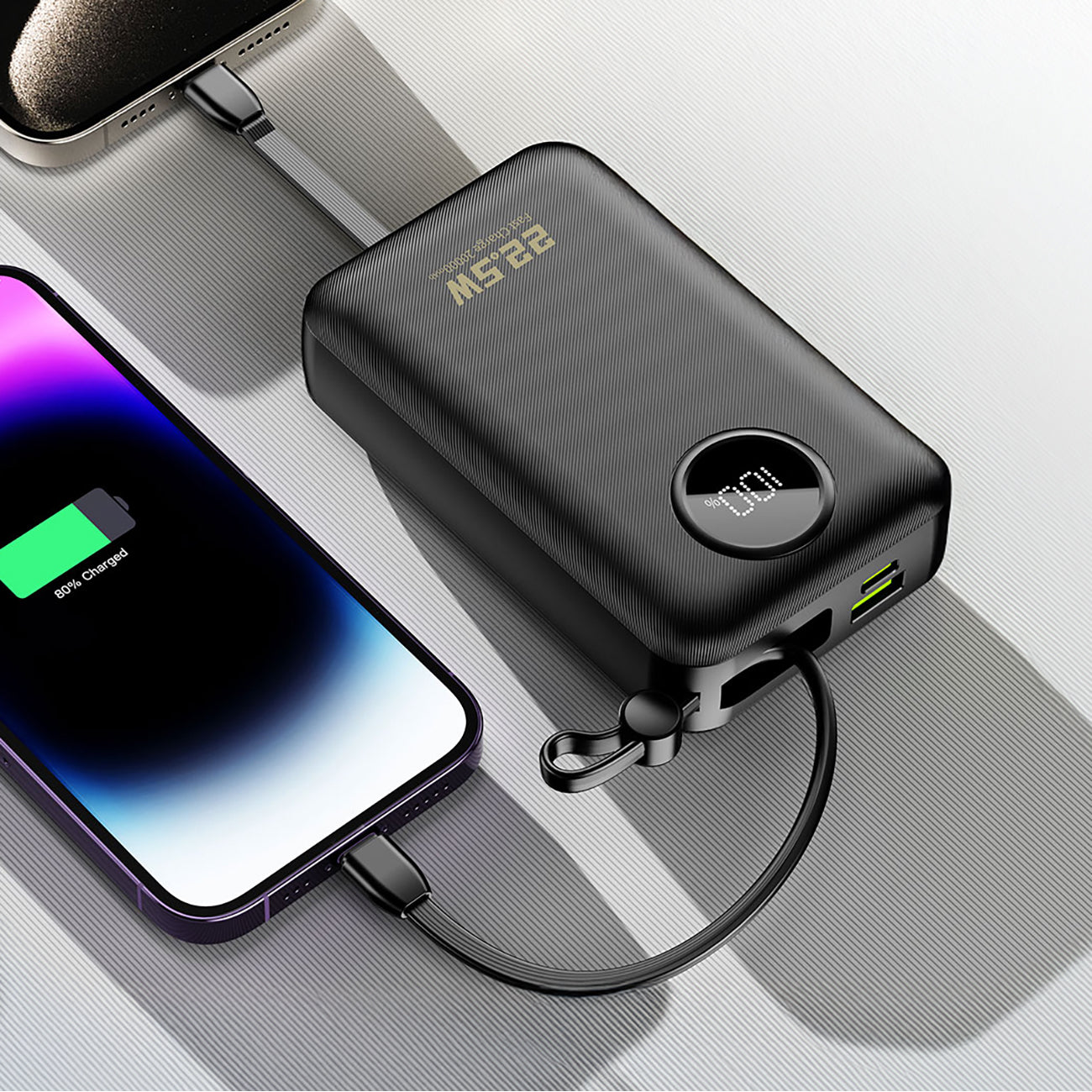 Dudao K14+ išorinė baterija 20000mAh 22.5W USB-C / USB-A / integruoti Lightning ir USB-C laidai - juoda -- Powerbanks