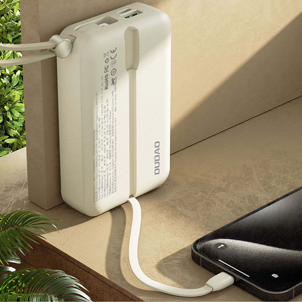 Dudao K14+ išorinė baterija 20000mAh 22.5W USB-C / USB-A / integruoti Lightning ir USB-C laidai - balta