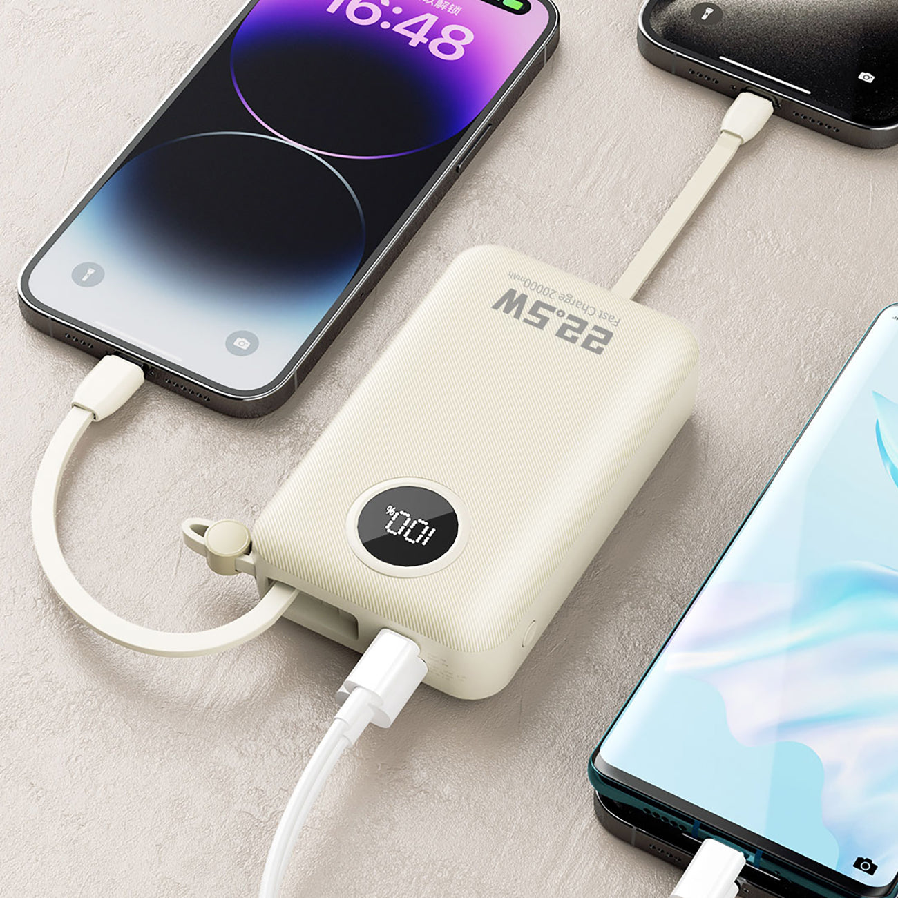 Dudao K14+ išorinė baterija 20000mAh 22.5W USB-C / USB-A / integruoti Lightning ir USB-C laidai - balta