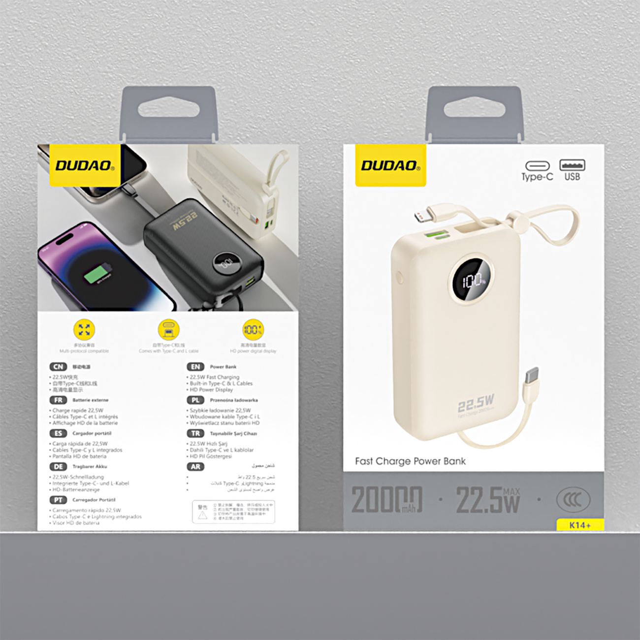 Dudao K14+ išorinė baterija 20000mAh 22.5W USB-C / USB-A / integruoti Lightning ir USB-C laidai - balta
