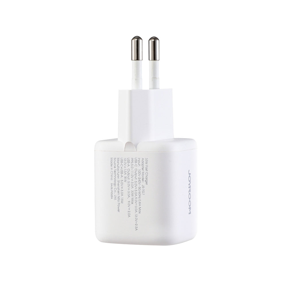 Joyroom JR-TG7 33W USB-A + USB-C Sieninis įkroviklis su 60W USB-C iki USB-C 1m kabeliu - baltas