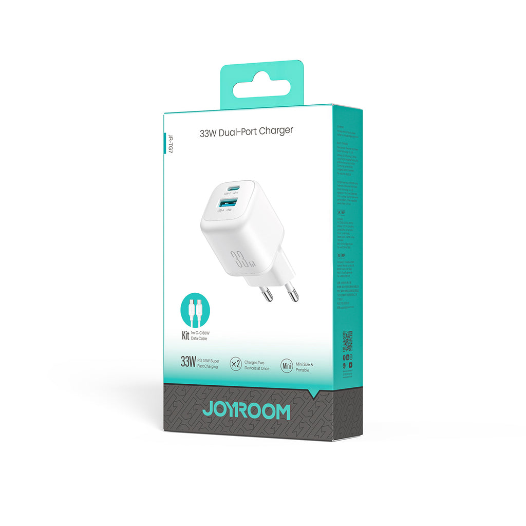 Joyroom JR-TG7 33W USB-A + USB-C Sieninis įkroviklis su 60W USB-C iki USB-C 1m kabeliu - baltas