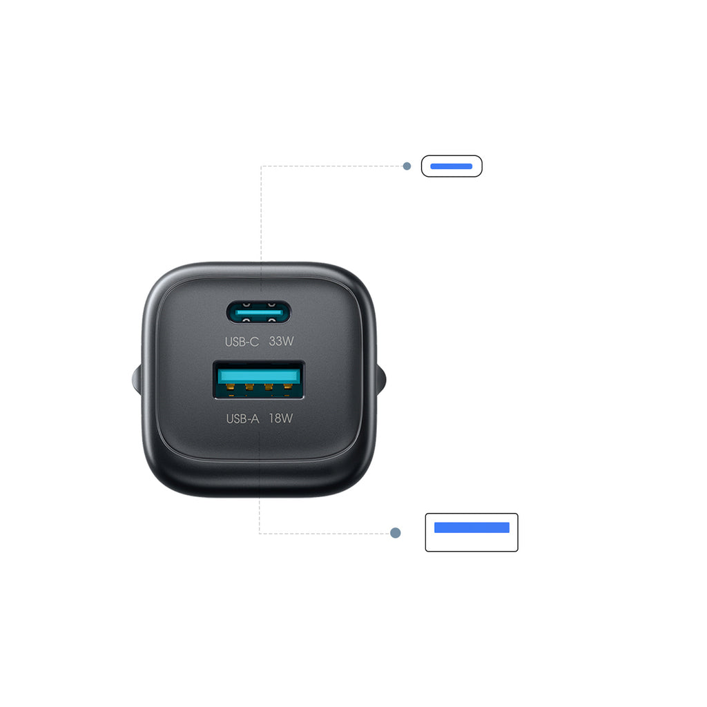 Joyroom JR-TG7 33W USB-A + USB-C Sieninis įkroviklis su 60W USB-C iki USB-C 1m kabeliu - juodas