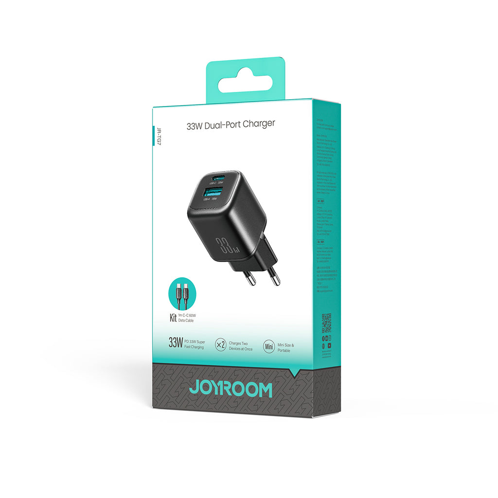 Joyroom JR-TG7 33W USB-A + USB-C Sieninis įkroviklis su 60W USB-C iki USB-C 1m kabeliu - juodas