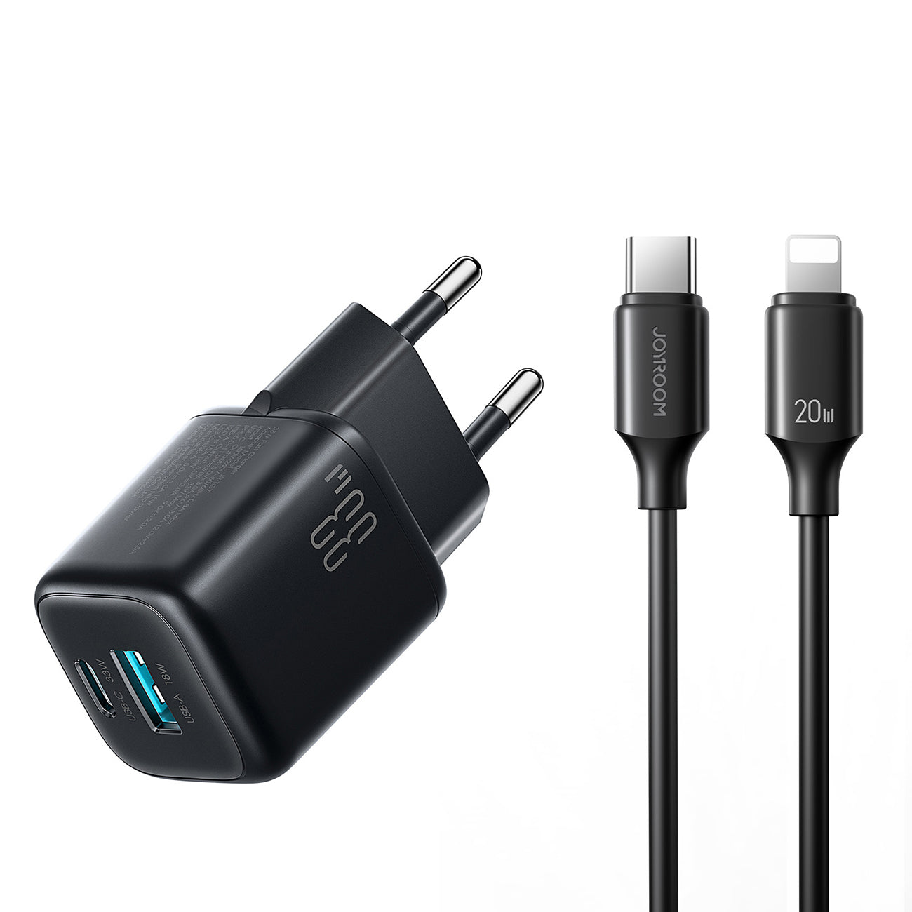 Joyroom JR-TG7 33W USB-A + USB-C sieninis įkroviklis su 30W USB-C - Lightning 1m laidas - juodas