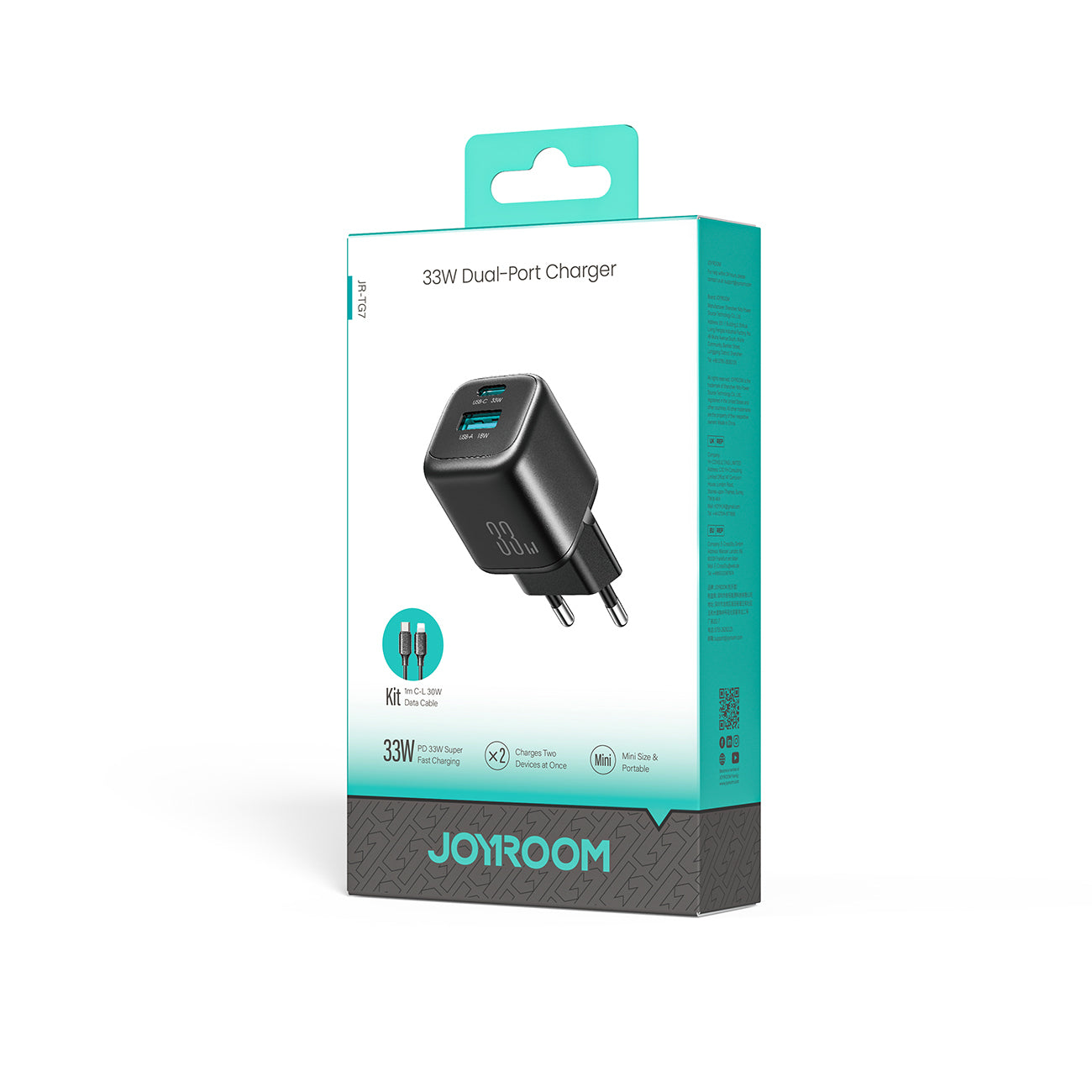 Joyroom JR-TG7 33W USB-A + USB-C sieninis įkroviklis su 30W USB-C - Lightning 1m laidas - juodas