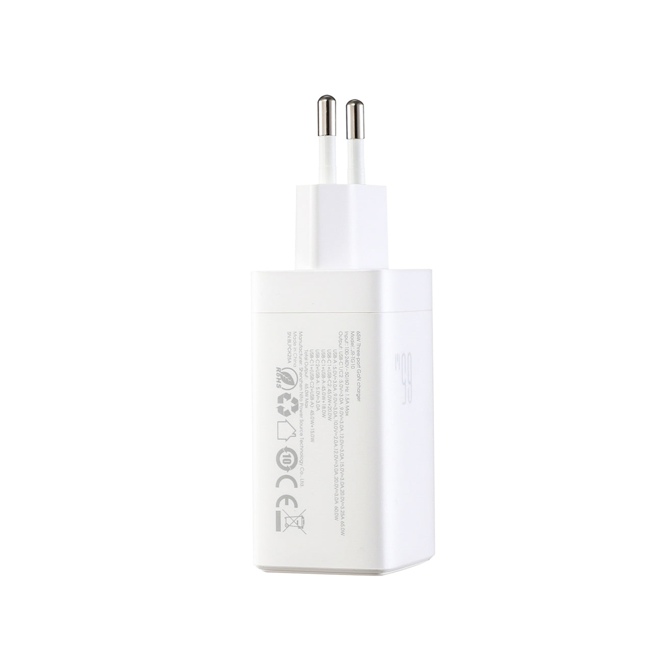 Joyroom JR-TG10 65W GaN 2x USB-C + USB-A sieninis įkroviklis su 100W USB-C - USB-C 1.2m laidu - baltas