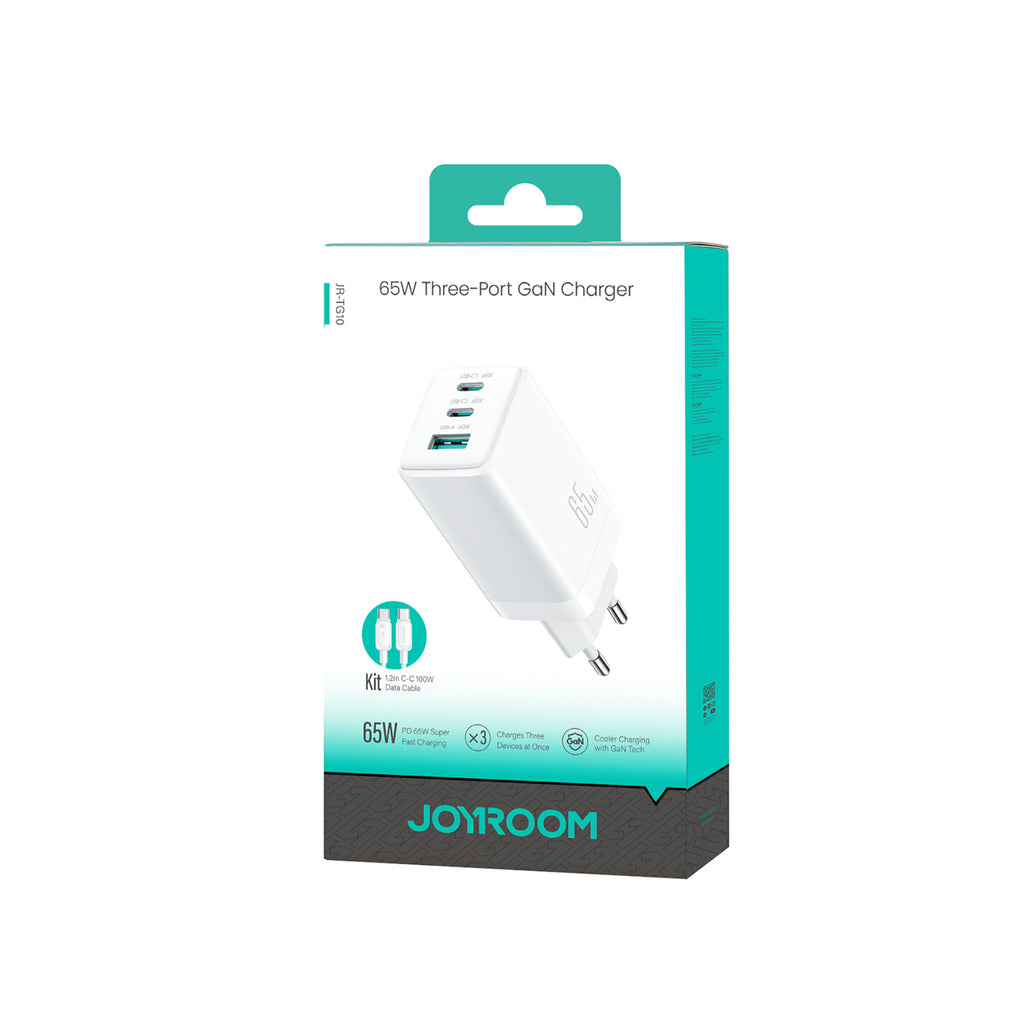 Joyroom JR-TG10 65W GaN 2x USB-C + USB-A sieninis įkroviklis su 100W USB-C - USB-C 1.2m laidu - baltas