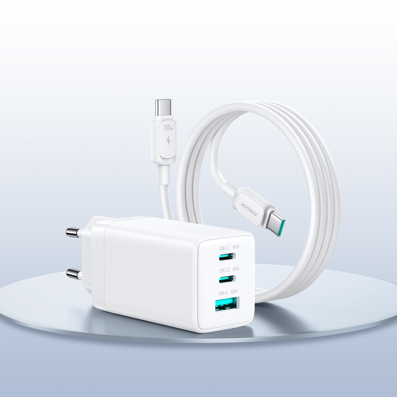 Joyroom JR-TG10 65W GaN 2x USB-C + USB-A sieninis įkroviklis su 100W USB-C - USB-C 1.2m laidu - baltas