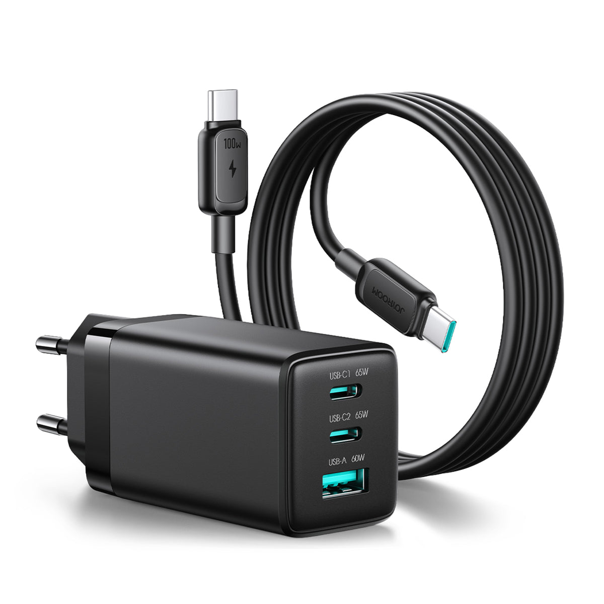 Joyroom JR-TG10 65W GaN 2x USB-C + USB-A sieninis įkroviklis su 100W USB-C - USB-C 1,2 m laidas - juodas