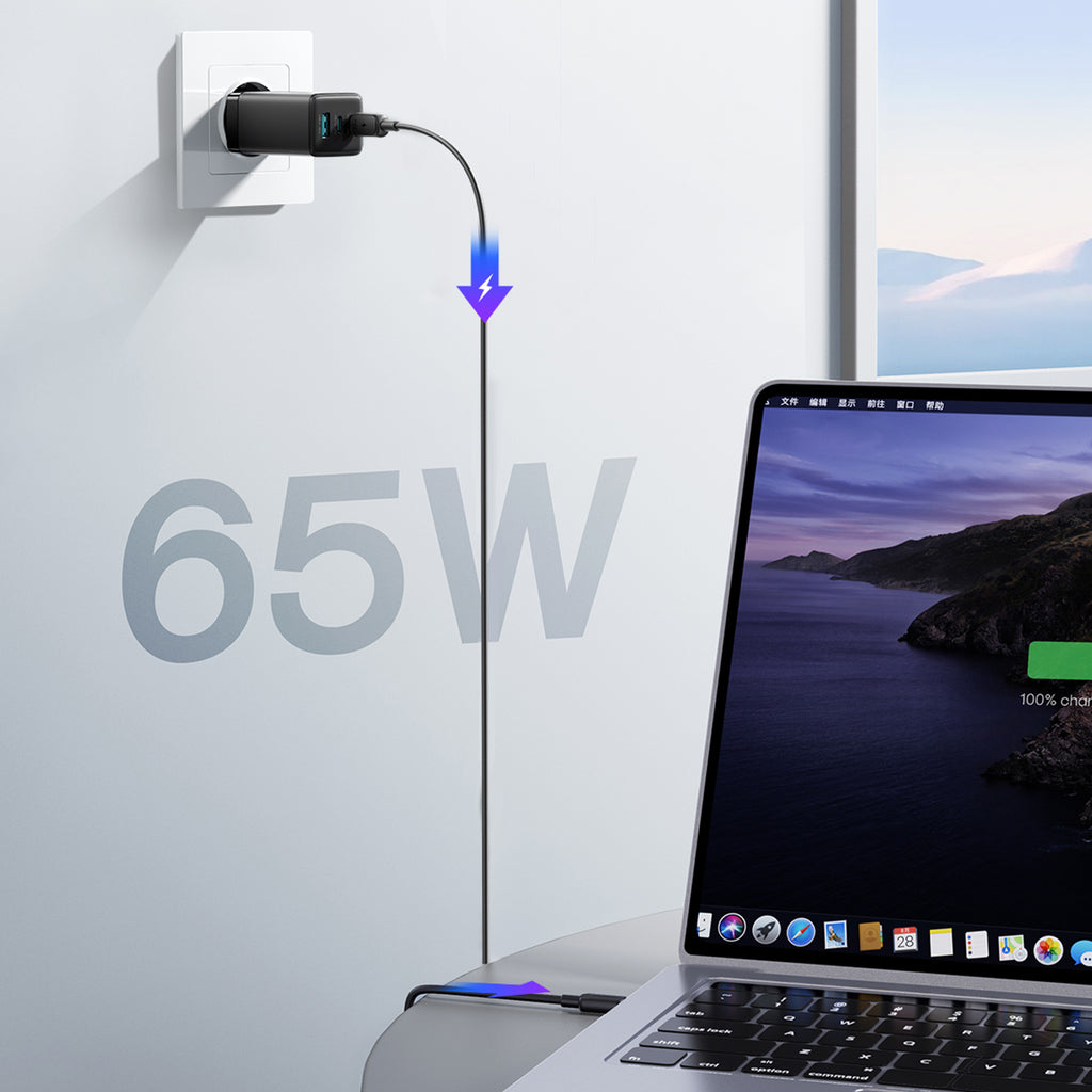 Joyroom JR-TG10 65W GaN 2x USB-C + USB-A sieninis įkroviklis su 100W USB-C - USB-C 1,2 m laidas - juodas